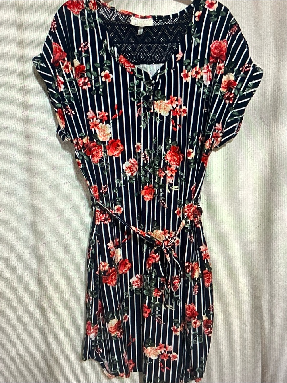 Bobbie Brooks Navy Striped Mini Dress with Red Floral Accents